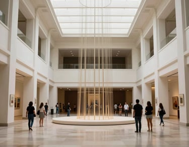 A wide shot of a modern Brazilian art museum lobby with high ceilings, elegant off-white architecture, and people admiring a large installation.