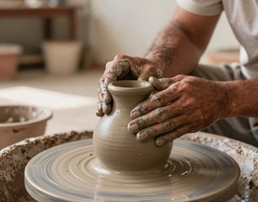 A detailed shot of a potter's hands shaping a clay vessel in a bright Brazilian workshop, with a warm brown and taupe color palette and natural sunlight.