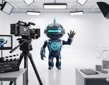 A cute blue robot waving at a professional cinema camera in a bright film studio with stage lighting.