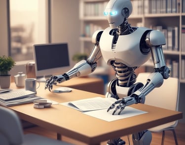 A white humanoid AI robot working at an office desk with paperwork and a computer monitor.