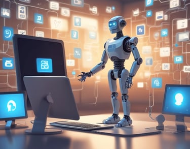 A white humanoid robot interacts with computer screens and digital data icons in a modern office.