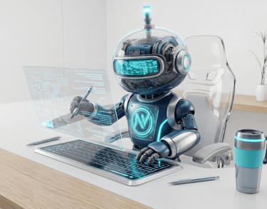 AI robot software developer coding on a holographic screen and keyboard at a modern desk.