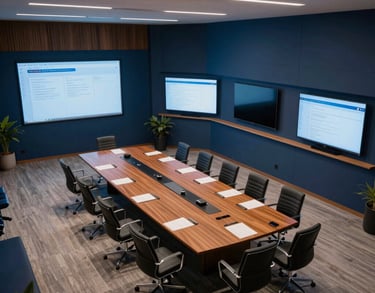 An aerial-style shot of a large corporate board room in Sao Paulo, Brazil. Modern, professional setting with deep blue accents and high-tech presentation screens. Professional photography.