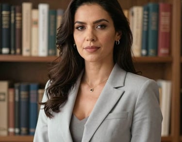 Professional headshot of a Brazilian female lawyer wearing a professional light gray blazer, standing against a background of books in an office. Elegant, South American professional style, warm lighting.