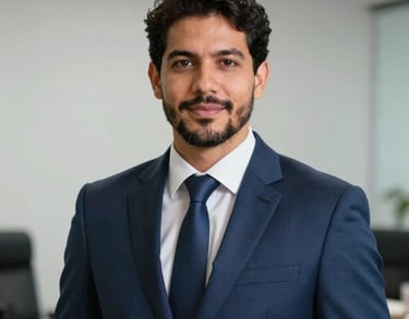 Professional headshot of a Brazilian male attorney in a well-tailored navy blue suit, standing in a brightly lit South American law office. Neutral light gray background, confident and approachable expression.