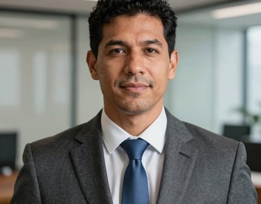 Professional headshot of a South American lawyer in a charcoal gray suit with a slate blue tie, looking professional and trustworthy. Clean, modern Brazilian office setting.