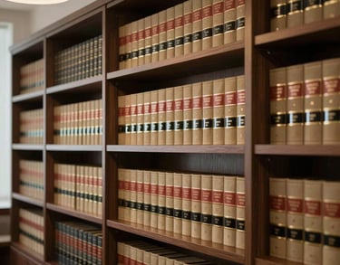 Detail shot of a modern Brazilian law office library, featuring dark wood shelves, gold-colored lighting fixtures, and organized legal volumes in a clean, professional layout.