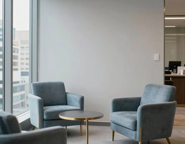 A quiet lounge area for clients in a Brazilian law firm. Neutral light gray tones with gold details, comfortable slate blue armchairs, and a view of urban architecture.