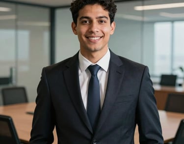 Professional headshot of a young Brazilian attorney in a smart dark suit, standing in a glass-partitioned modern meeting room. Professional South American corporate look.