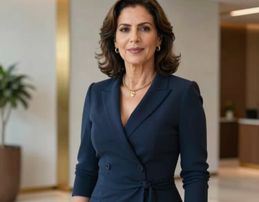Professional headshot of a Brazilian senior paralegal in a sophisticated dress, standing in a high-end office lobby with gold and light gray accents.