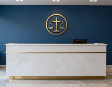 A sophisticated reception area of a Brazilian law firm. Deep blue walls with a back-lit gold logo. Minimalist, light gray stone floors. Professional and welcoming atmosphere.