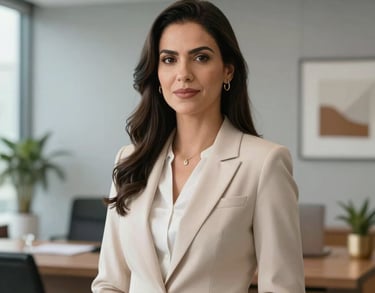 Professional headshot of a Brazilian female legal consultant in professional attire, standing in a contemporary office space with light gray walls and sophisticated decor.