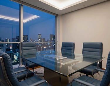 Interior shot of a private meeting room in a high-end Brazilian office. A large glass table reflects the evening city lights. Slate blue leather chairs and professional lighting.
