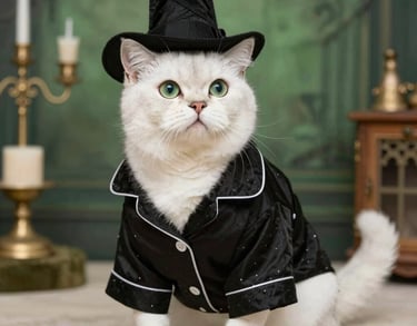 Un gato blanco con pijama y sombrero