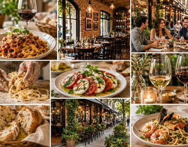 Collage of authentic Italian restaurant scenes featuring fresh pasta, caprese salad, wine, and people dining outdoors.