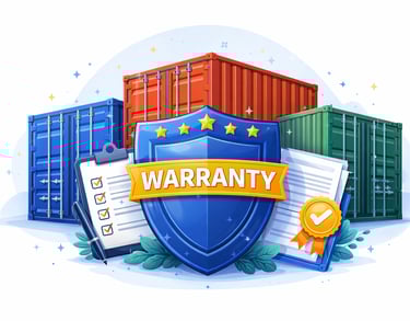 Shipping container warranty concept with a blue shield, clipboard, and colorful cargo containers.