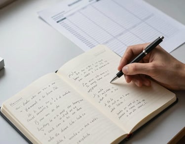 Overhead composition of a work table with an open notebook filled with handwritten annotations next to a printed P&L report, a hand visible mid-frame holding a pen, warm window light from the upper left, sparse and uncluttered surface