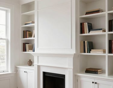 Custom fireplace mantel installation with built-in bookcases in Monmouth County NJ