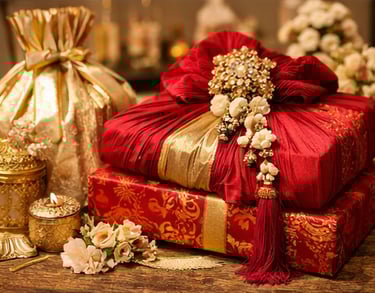  Opulent bridal gift wrapping in Delhi NCR weddings with silk, velvet, and metallic accents.