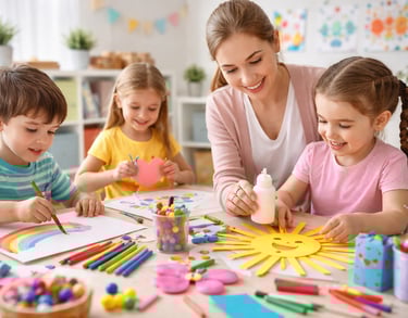 Maestra animando a niños a explorar su creatividad