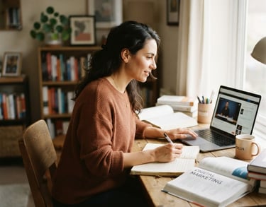 Mulher adulta focada estudando online em um ambiente acolhedor, com cadernos e livros, luz natural suave, transmitindo concentração e desenvolvimento profissional, ao lado de uma mesa, com espaço negativo à esquerda.