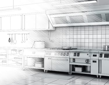 A pencil sketch transitioning into a 3D render of a modern commercial kitchen design with stainless steel appliances.