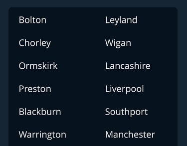 Contact us locations including Bolton, Chorley, Preston, Blackburn, Warrington, Liverpool, and Manchester.