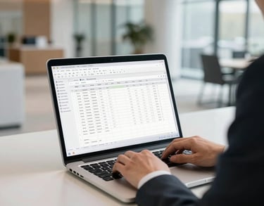 A professional photograph of a person in business attire working on a laptop in a bright, modern North American office lobby; the screen shows a clean spreadsheet, not flashy graphics.