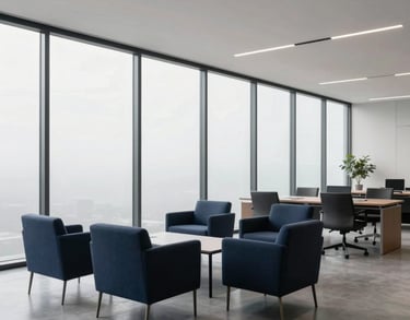 A wide-angle photograph of a clean, minimalist professional office space in North America with floor-to-ceiling windows and simple navy and charcoal furniture.