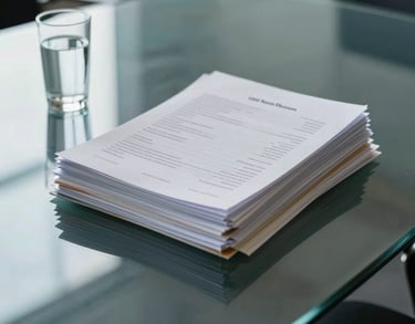 A photograph of a glass conference table in a North American office, showing a stack of organized files and a glass of water, reflecting a calm and serious atmosphere.