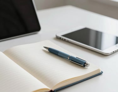 A minimalist photograph of a clean, organized desk with a notebook, a muted blue pen, and a tablet in a bright North American room, focusing on a sense of order and peace.