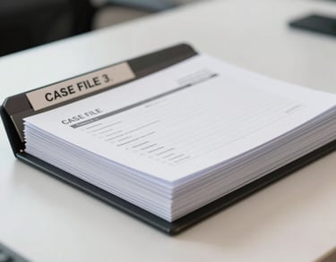 A high-quality close-up photograph of a professional, thick paper document folder with 'CASE FILE' printed on the tab, resting on a clean white desk in a North American corporate office.