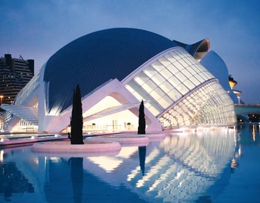a building with a large glass window and a large building