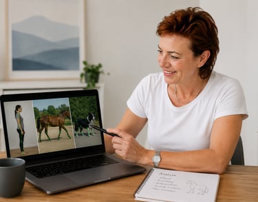 A physical therapist analyzes human and animal posture using software on a laptop.