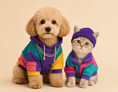 Adorable perro y gato con coloridos chándales para mascotas al estilo retro de los años 90