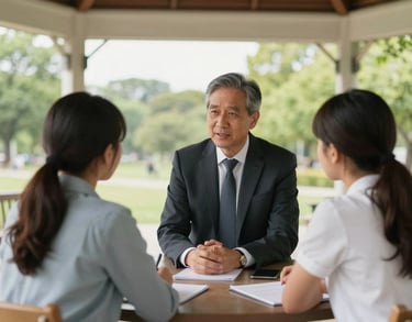 A mentorship session in a bright, modern North American park pavilion, an older professional talking with two younger students, inspiring mood.