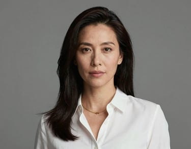 Professional portrait of a woman in a white blouse and gold necklace, clean minimalist studio lighting, professional and focused, North American style.