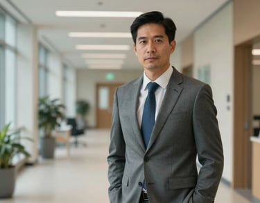 Professional portrait of a man in a grey suit, standing in a brightly lit hallway of a modern North American research institution, authoritative.
