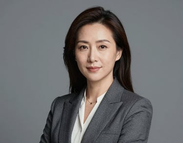 Professional portrait of a woman in distinguished business attire, soft grey background, authoritative and kind expression, North American style.