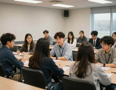 A diverse group of young adults engaged in a leadership workshop in a modern US university seminar room, focused and collaborative atmosphere.