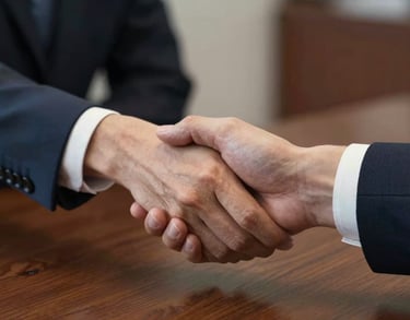 A close-up of hands shaking in a formal agreement, dark navy suit sleeves visible, soft focus on a mahogany table, distinguished and professional atmosphere.