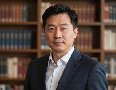Professional headshot of a man in a dark navy suit, blurred library background with books, warm lighting, North American office setting.