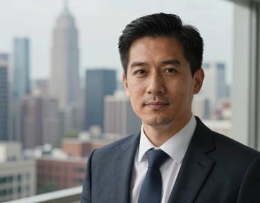 Professional headshot of a man in professional attire, soft natural light, blurred background of a city skyline from a high-rise office, North American context.