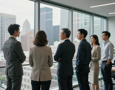 A group of professionals in business casual attire standing together in a modern, glass-walled office, looking out at a city skyline, North American setting.