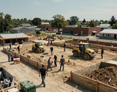 A wide shot of a community-focused construction project in a North American urban area, daytime, bright natural light, showing progress and collaboration.