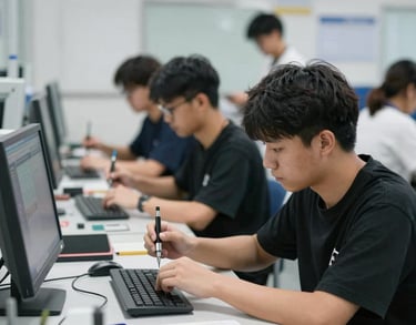 A high-tech vocational classroom in a North American trade school, students working with precision tools and digital interfaces, clean and professional.