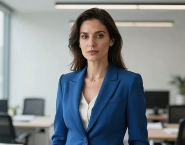 Professional portrait of a woman in a steel blue blazer, minimalist modern office background, soft daylight, North American corporate setting.
