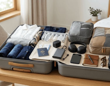 Mala aberta com passaporte, adaptador, power bank e itens de viagem.