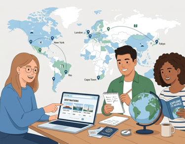 Equipe planejando viagens com mapa do mundo em um site de turismo.