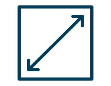 Blue square icon with a double-ended diagonal arrow representing different dimensions and scale.